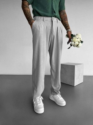 Elku Moda Erkek Rahat Kesim Pileli Kumaş Pantolon Relaxed Fit Yüksek Bel Dökümlü Pantolon