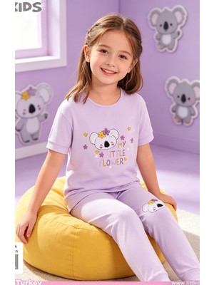 NiCe İç Giyim Sevimli Koala Desen Lila Renk Bisiklet Yaka Manşetli Paça Cep Detay Pamuk Penye Kız Çocuk Pijama Takım