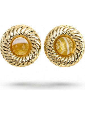 Serelya Pirinç Gold Renk Kehribar Boncuklu Vintage Kadın Küpe