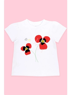 Bubuga Kız Çocuk %92 Pamuk Beyaz Gelincik Baskılı Kısa Kol Tshirt