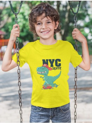 Bubuga Erkek Çocuk Nyc Skater Dinozor Baskılı Kısa Kollu Tişört – %100 Pamuk Süprem Kumaş