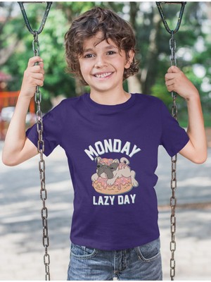 Bubuga Erkek Çocuk Monday Lazy Day Pug Köpek Baskılı Kısa Kollu Tişört – %100 Pamuk Süprem Kumaş