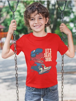 Bubuga Erkek Çocuk Let's Skate Dude Dinozor Baskılı Kısa Kollu Tişört – %100 Pamuk Süprem Kumaş