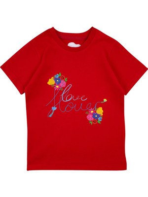 Bubuga Kız Çocuk %100 Pamuk Kırmızı Love Papatya Baskılı Kısa Kol Tshirt