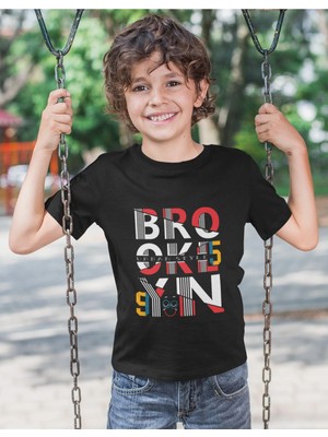Bubuga Erkek Çocuk Brooklyn Yazılı Kısa Kollu Tişört – %100 Pamuk Süprem Kumaş