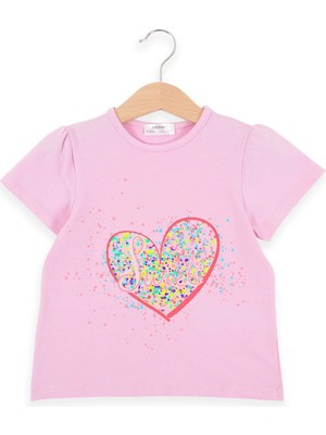 Bubuga Kız Çocuk %100 Pamuk Pembe Renk Kalp Baskılı Kısa Kol Tshirt
