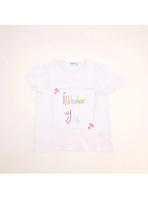 Bubuga Kız Çocuk %100 Pamuk Beyaz Renk Ilkbahar Yaz Baskılı Kısa Kol Tshirt