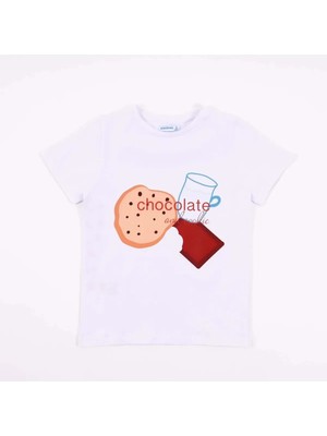 Bubuga Erkek Çocuk %100 Pamuk Beyaz Renk Çikolata Baskılı Kısa Kol Tshirt