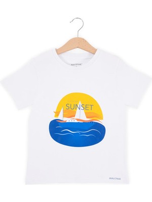 Bubuga Erkek Çocuk %100 Pamuk Beyaz Renk Sunset Baskılı Kısa Kol Tshirt