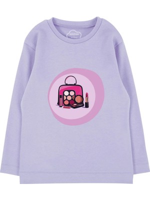Bubuga Kız Çocuk %100 Pamuk Lila Renk Makyaj Baskılı Uzun Kol Tshirt