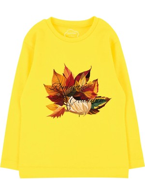 Bubuga Kız Çocuk %100 Pamuk Sarı Renk Sonbahar Baskılı Uzun Kol Tshirt