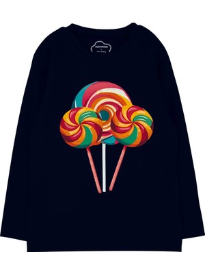 Bubuga Kız Çocuk %100 Pamuk Lacivert Renk Lolipop Baskılı Uzun Kol Tshirt