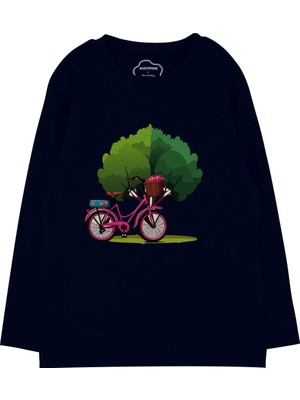 Bubuga Kız Çocuk %100 Pamuk Lacivert Renk Bisiklet Baskılı Uzun Kol Tshirt