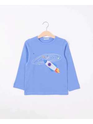 Bubuga Erkek Çocuk %100 Pamuk Gök Mavi Renk Uzay Basklı Uzun Kol Tshirt