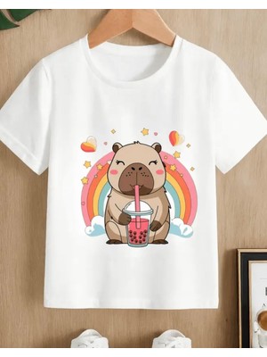 Nigrum Pardus Nıgrum Pardus Yeni Sezon Capybara Gökkuşağı Baskılı %100 Pamuk Oversize Kız Çocuk T-Shirt