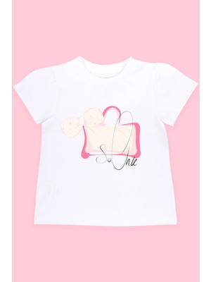 Bubuga Kız Çocuk Pamuklu Beyaz So Chic Baskılı Kısa Kol Tshirt