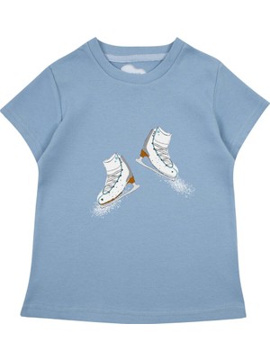 Bubuga Kız Çocuk %100 Pamuk Gök Mavi Buz Pateni Baskılı Kısa Kol Tshirt