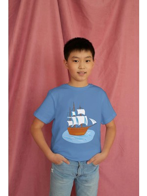 Bubuga Erkek Çocuk %100 Pamuk Premium Gemi Baskılı Kısa Kol Tshirt