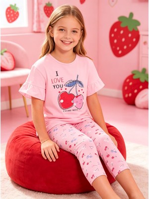 NiCe İç Giyim Kiraz & Çilek Desen Pembe Renk Fırfılı Kol Bisiklet Yaka Kapri Alt Pamuk Penye Kız Çocuk Pijama Takım