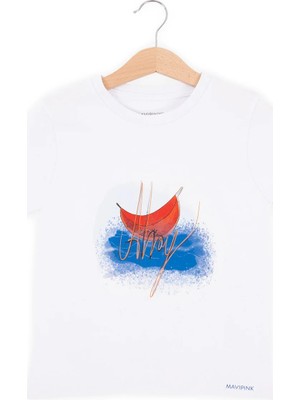 Bubuga Erkek Çocuk %100 Pamuk Beyaz Renk Kayık Baskılı Kısa Kol Tshirt