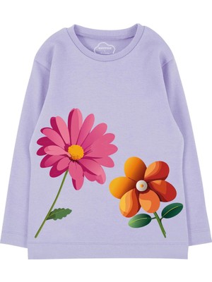 Bubuga Kız Çocuk %100 Pamuk Lila Renk Flowers Baskılı Uzun Kol Tshirt