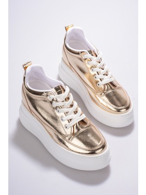 She Boy Uzatan Kadın Içten Gizli Topuklu Parlak Gold Altın Spor Ayakkabı Sneaker