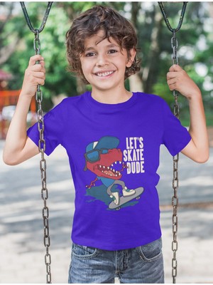 Bubuga Erkek Çocuk Let's Skate Dude Dinozor Baskılı Kısa Kollu Tişört – %100 Pamuk Süprem Kumaş