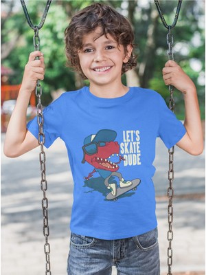 Bubuga Erkek Çocuk Let's Skate Dude Dinozor Baskılı Kısa Kollu Tişört – %100 Pamuk Süprem Kumaş