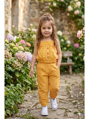 Tuffy Kız Çocuk Poplin Düğme Detay Askılı Crop Takım