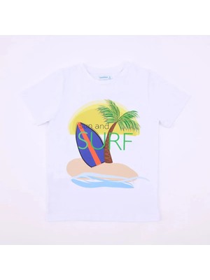 Bubuga Erkek Çocuk %100 Pamuk Beyaz Renk Surf Deniz Baskılı Kısa Kol Tshirt
