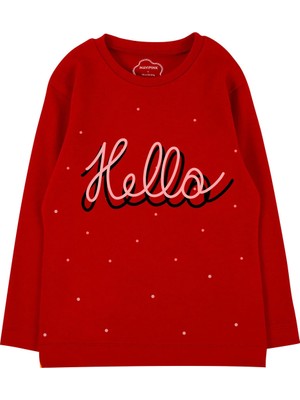 Bubuga Kız Çocuk %100 Pamuk Kırmızı Renk Hello Baskılı Uzun Kol Tshirt
