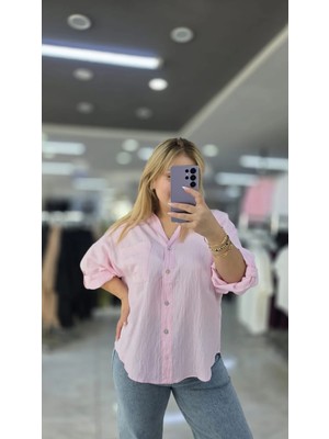 İnci Ersöz Pamuklu Salaş Gömlek  A Pile Oversize Pembe 1283