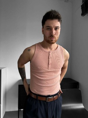Elku Moda Erkek Sıfır Kol T-Shirt - Slim Fit Fitilli Ribana Dokuma Kolsuz Atlet Sıfır Yaka Spor Atlet Tişört