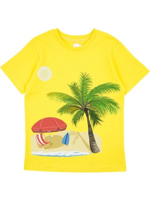 Bubuga Erkek Çocuk %100 Pamuk Sarı Palmiye Baskılı Kısa Kol Tshirt