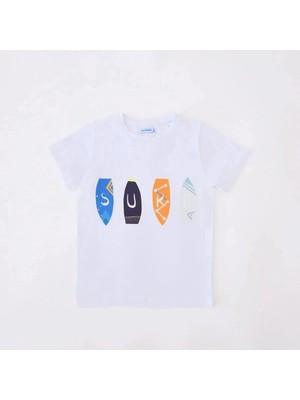 Bubuga Erkek Çocuk %100 Pamuk Beyaz Renk Surf Baskılı Kısa Kol Tshirt