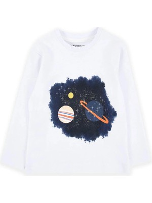 Bubuga Erkek Çocuk %100 Pamuk Beyaz Renk Galaksi Baskılı Uzun Kol Tshirt