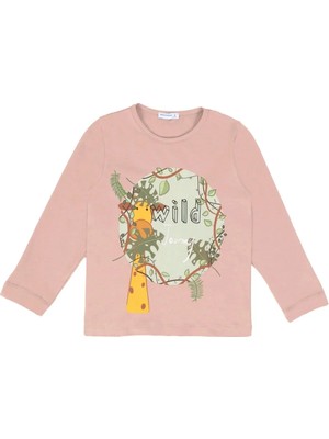 Bubuga Erkek Çocuk %100 Pamuk Toprak Renk Zürafa Baskı Uzun Kol Tshirt