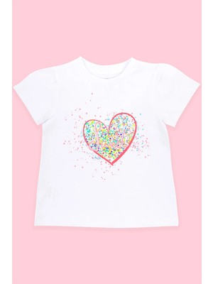 Bubuga Kız Çocuk Pamuklu Beyaz Kalp Baskılı Kısa Kol Tshirt