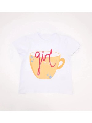 Bubuga Kız Çocuk %100 Pamuk Beyaz Renk Girl Mug Baskılı Kısa Kol Tshirt
