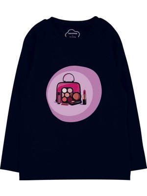 Bubuga Kız Çocuk %100 Pamuk Lacivert Renk Makyaj Baskılı Uzun Kol Tshirt