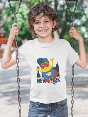Bubuga Erkek Çocuk New York Süper Kahraman Baskılı Kısa Kollu Tişört – %100 Pamuk Süprem Kumaş