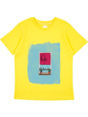 Bubuga Kız Çocuk %100 Pamuk Sarı Love Spring Baskılı Kısa Kol Tshirt