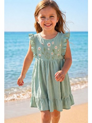 Blumi Kids Kız Çocuk Pamuklu Çiçek Nakışlı Elbise