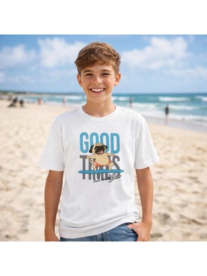 Bubuga Good Times Surf Köpek Baskılı Çocuk Tişört Beyaz Pamuklu Yazlık T-Shirt