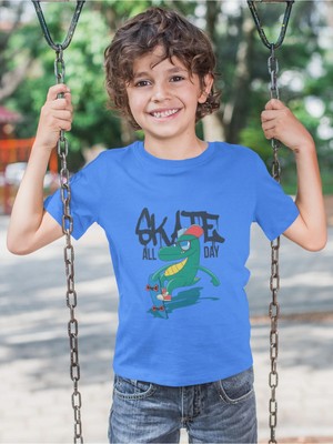 Bubuga Erkek Çocuk Skate All Day Dinozor Baskılı Kısa Kollu Tişört – %100 Pamuk Süprem Kumaş