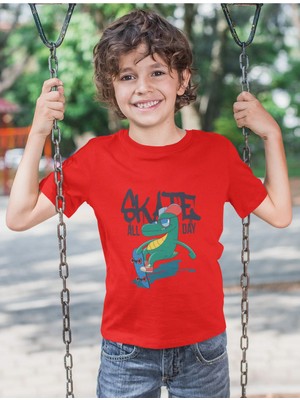 Bubuga Erkek Çocuk Skate All Day Dinozor Baskılı Kısa Kollu Tişört – %100 Pamuk Süprem Kumaş