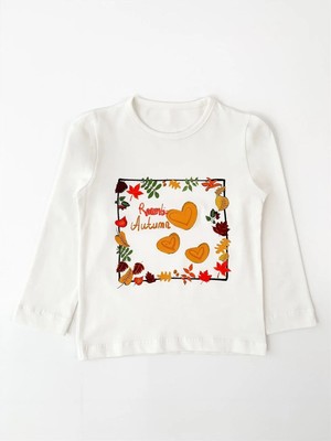 Bubuga Kız Çocuk %100 Pamuk Ekru Renk Romantic Baskılı Uzun Kol Tshirt