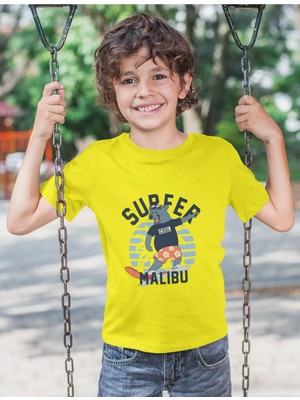 Bubuga Erkek Çocuk Surfer Malibu Baskılı Kısa Kollu Tişört – %100 Pamuk Süprem Kumaş