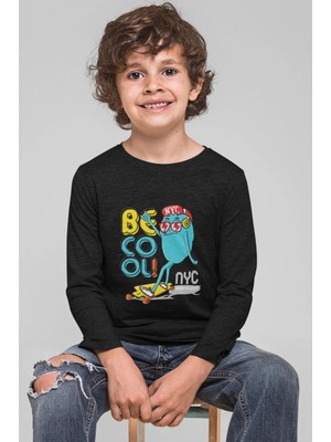 Bubuga Erkek Çocuk Uzun Kollu Tişört Be Cool Kaykaycı Canavar Baskılı %100 Pamuk