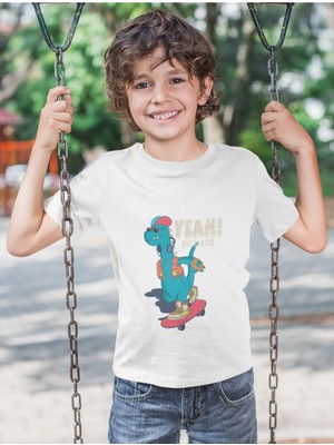 Bubuga Erkek Çocuk Yeah! Nyc Skater Dinozor Baskılı Kısa Kollu Tişört – %100 Pamuk Süprem Kumaş